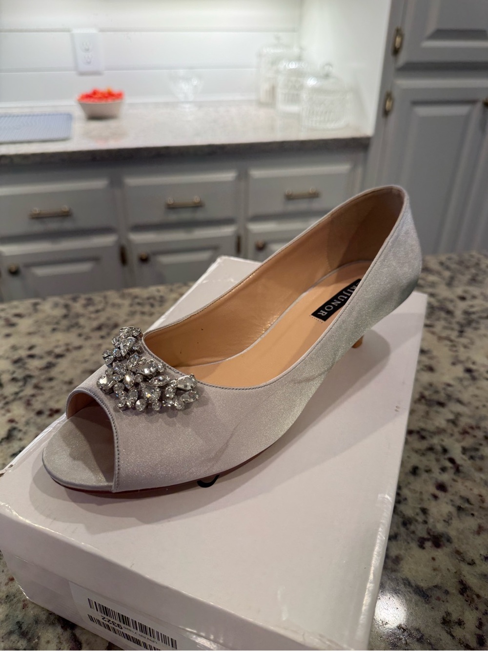 Silver Embellished Peep-Toe Low Heel Pumps